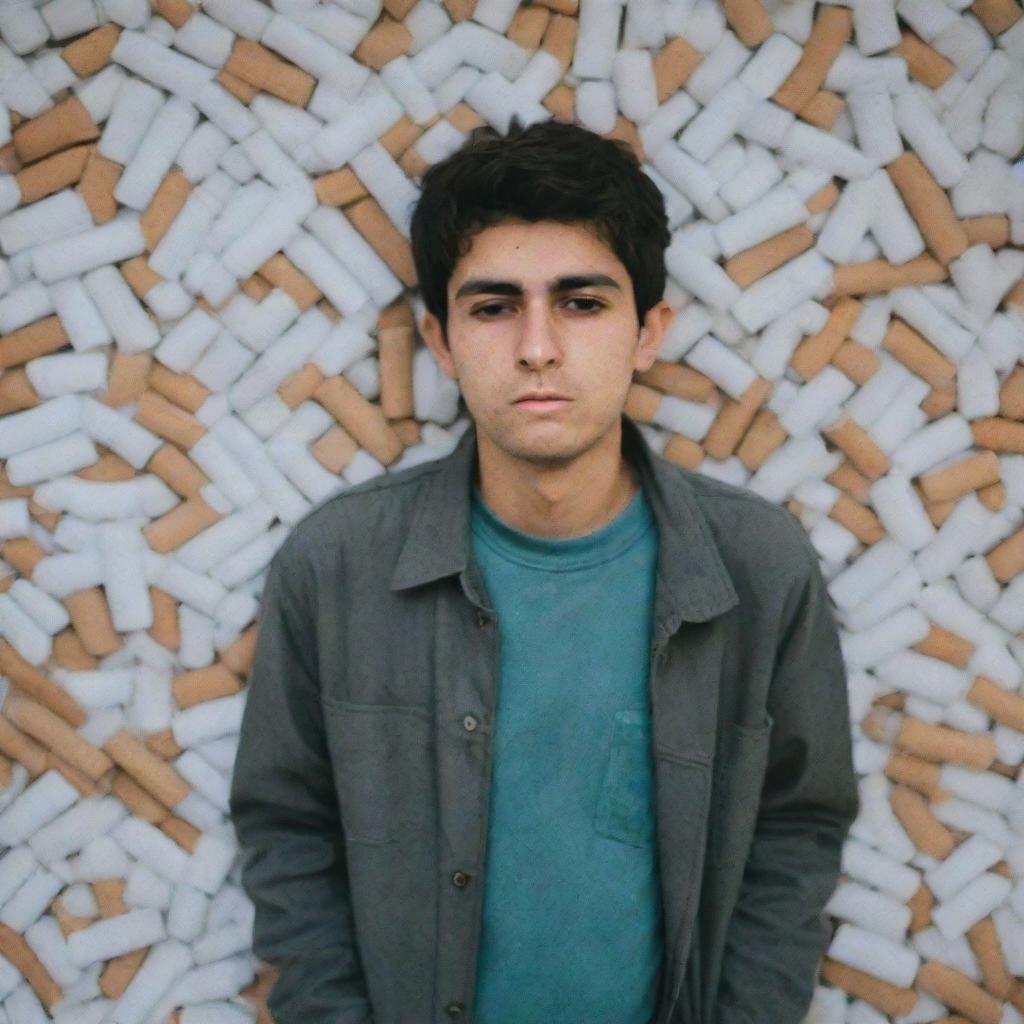 An Iranian teenager is seen surrounded by cigarettes, combustible substances, and hallucinogens. His pockets are empty, his wallet abandoned next to him. His well-being is poor, his face expressing anger.