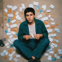 An Iranian teenager is seen surrounded by cigarettes, combustible substances, and hallucinogens. His pockets are empty, his wallet abandoned next to him. His well-being is poor, his face expressing anger.