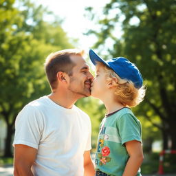 A tender moment between a man and a boy, exchanging a gentle kiss on the cheek in a sunlit park