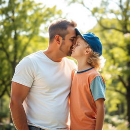 A tender moment between a man and a boy, exchanging a gentle kiss on the cheek in a sunlit park