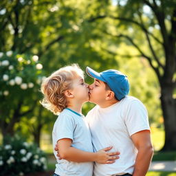 A tender moment between a man and a boy, exchanging a gentle kiss on the cheek in a sunlit park