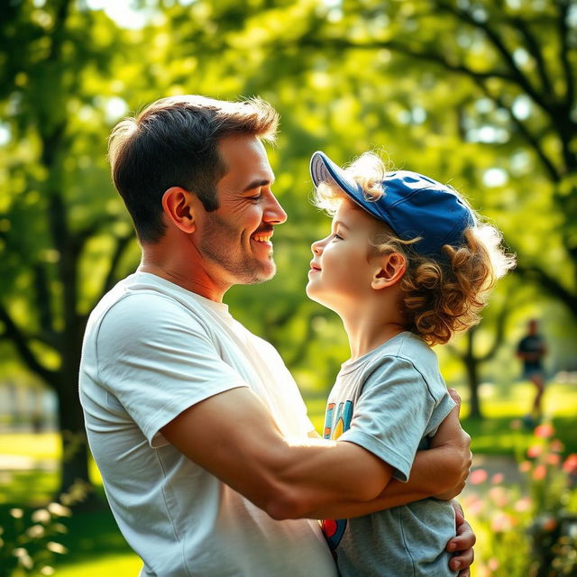 A tender moment between a man and a boy, exchanging a gentle kiss on the cheek in a sunlit park