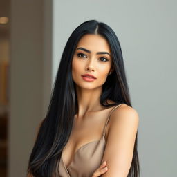 A beautiful adult woman with an elegant and professional appearance, characterized by a strong jawline that conveys confidence