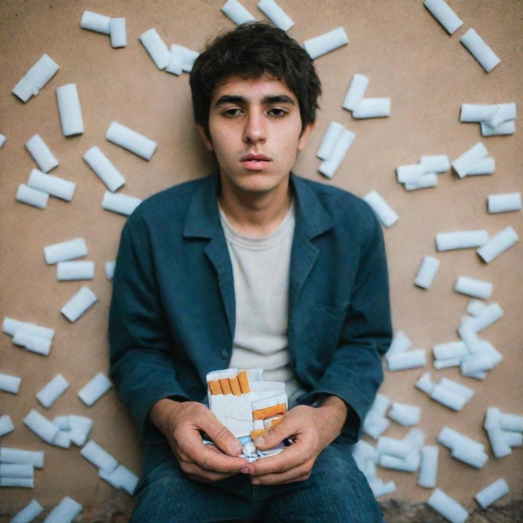 An Iranian teenager is seen surrounded by cigarettes, combustible substances, and hallucinogens. His pockets are empty, his wallet abandoned next to him. His well-being is poor, his face expressing anger.