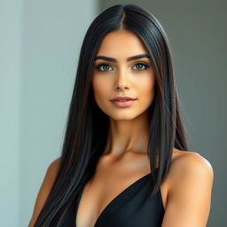 A beautiful adult woman with an elegant and professional appearance, characterized by a strong jawline that conveys confidence