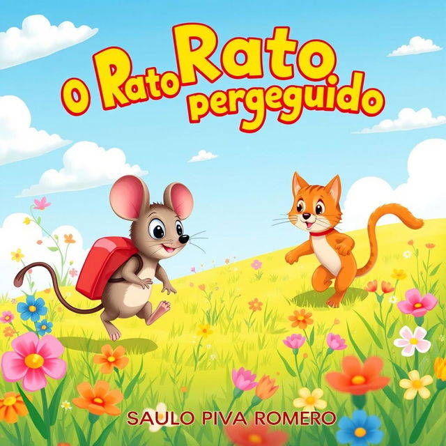 A delightful illustration for a children's book titled 'O Rato Perseguido' by Saulo Piva Romero