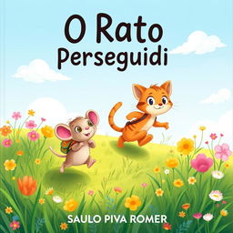 A delightful illustration for a children's book titled 'O Rato Perseguido' by Saulo Piva Romero