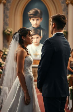 A dramatic scene of a young woman standing at an altar with a wedding dress, looking conflicted and emotional