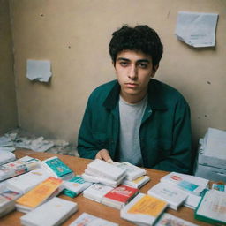 An Iranian teenager is seen surrounded by cigarettes, combustible substances, and hallucinogens. His pockets are empty, his wallet abandoned next to him. His well-being is poor, his face expressing anger.