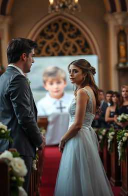 A dramatic scene of a young woman standing at an altar with a wedding dress, looking conflicted and emotional