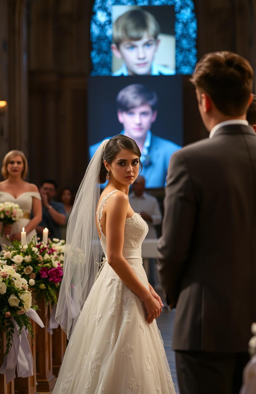 A dramatic scene of a young woman standing at an altar with a wedding dress, looking conflicted and emotional