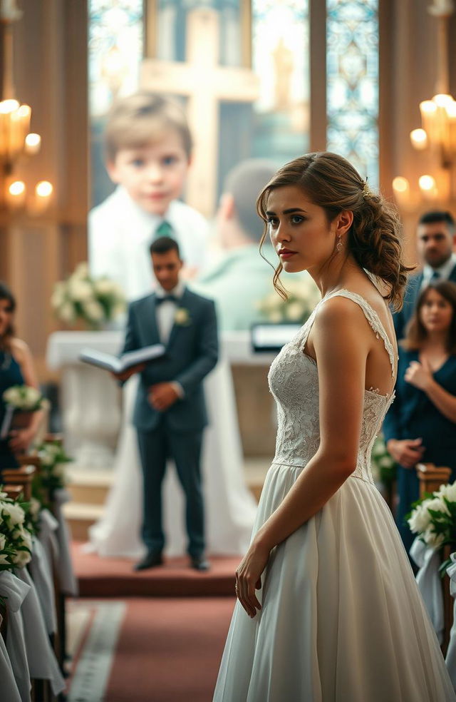 A dramatic scene of a young woman standing at an altar with a wedding dress, looking conflicted and emotional