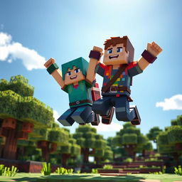 A dynamic scene featuring two Minecraft characters leaping into the air together, capturing the joyful essence of collaboration