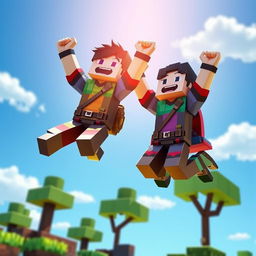 A dynamic scene featuring two Minecraft characters leaping into the air together, capturing the joyful essence of collaboration