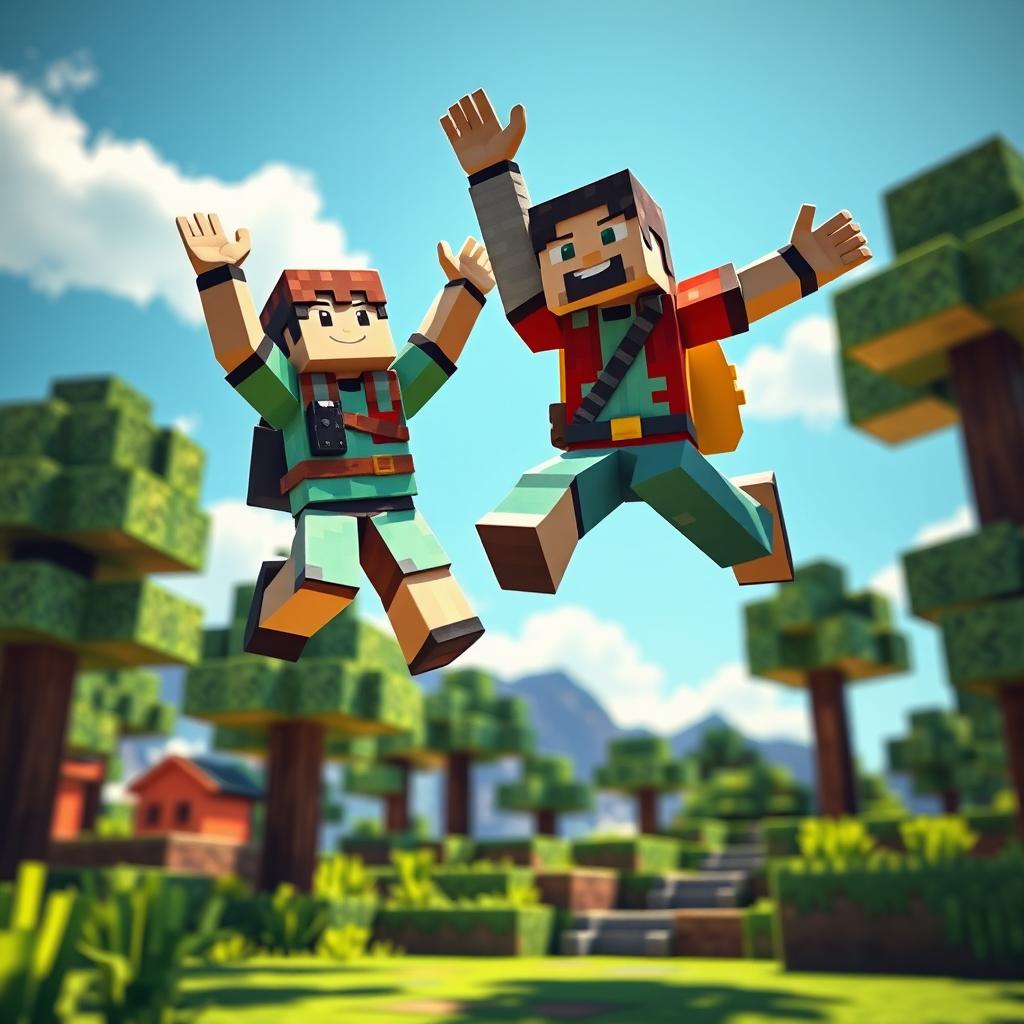 A dynamic scene featuring two Minecraft characters leaping into the air together, capturing the joyful essence of collaboration