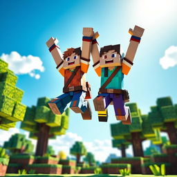 A dynamic scene featuring two Minecraft characters leaping into the air together, capturing the joyful essence of collaboration