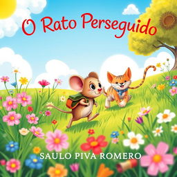 A vibrant illustration for a children's book titled 'O Rato Perseguido' by Saulo Piva Romero