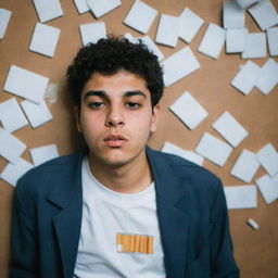 An Iranian teenager is seen surrounded by cigarettes, combustible substances, and hallucinogens. His pockets are empty, his wallet abandoned next to him. His well-being is poor, his face expressing anger.