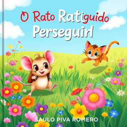 A vibrant illustration for a children's book titled 'O Rato Perseguido' by Saulo Piva Romero