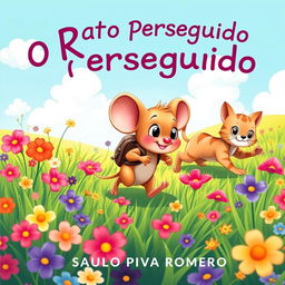 A vibrant illustration for a children's book titled 'O Rato Perseguido' by Saulo Piva Romero
