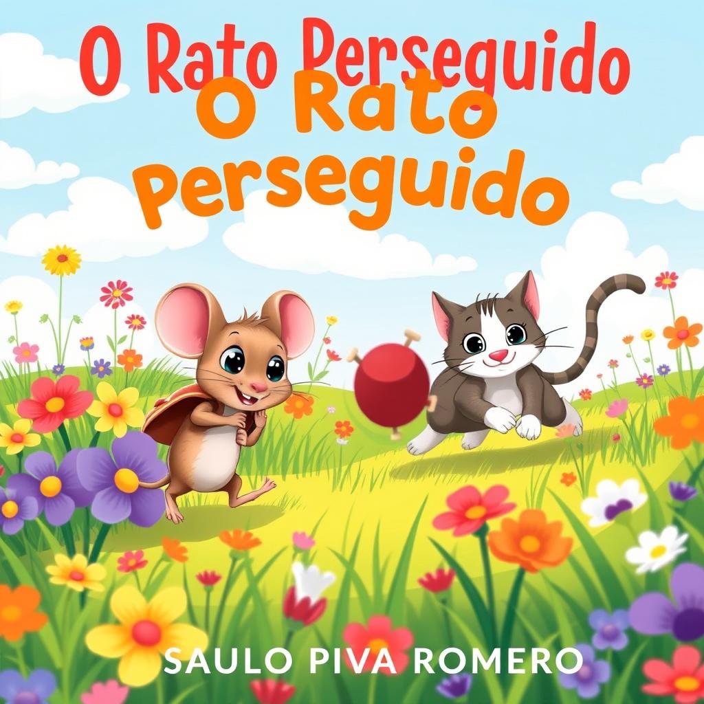 A vibrant illustration for a children's book titled 'O Rato Perseguido' by Saulo Piva Romero