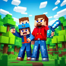 A vibrant and dynamic scene featuring two Minecraft characters: one red and the other blue, standing together in a colorful pixelated landscape