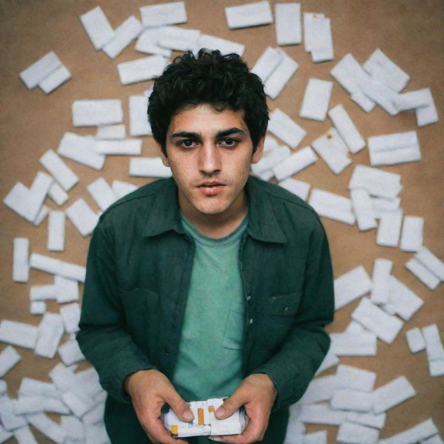 An Iranian teenager is seen surrounded by cigarettes, combustible substances, and hallucinogens. His pockets are empty, his wallet abandoned next to him. His well-being is poor, his face expressing anger.