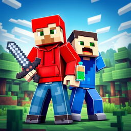 A vibrant and dynamic scene featuring two Minecraft characters: one red and the other blue, standing together in a colorful pixelated landscape