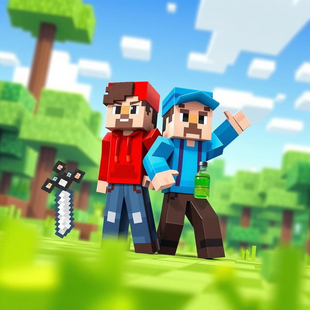 A vibrant and dynamic scene featuring two Minecraft characters: one red and the other blue, standing together in a colorful pixelated landscape