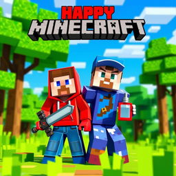 A vibrant and dynamic scene featuring two Minecraft characters: one red and the other blue, standing together in a colorful pixelated landscape