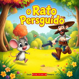 An enchanting and colorful illustration for a children's book titled "O Rato Perseguido" by Saulo Piva Romero