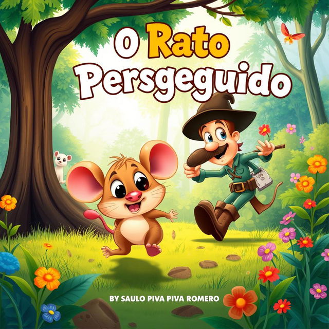 An enchanting and colorful illustration for a children's book titled "O Rato Perseguido" by Saulo Piva Romero