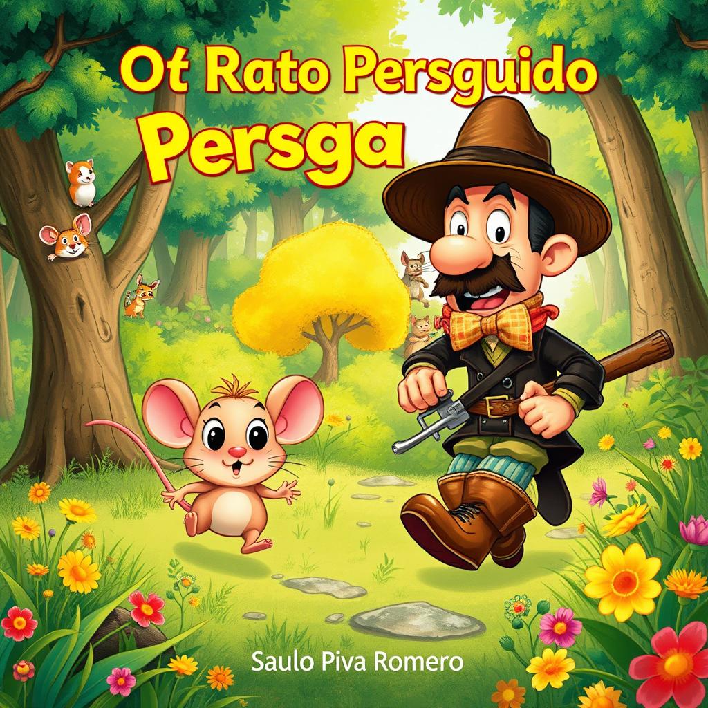 An enchanting and colorful illustration for a children's book titled "O Rato Perseguido" by Saulo Piva Romero