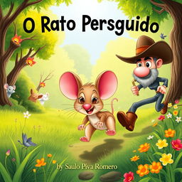 An enchanting and colorful illustration for a children's book titled "O Rato Perseguido" by Saulo Piva Romero