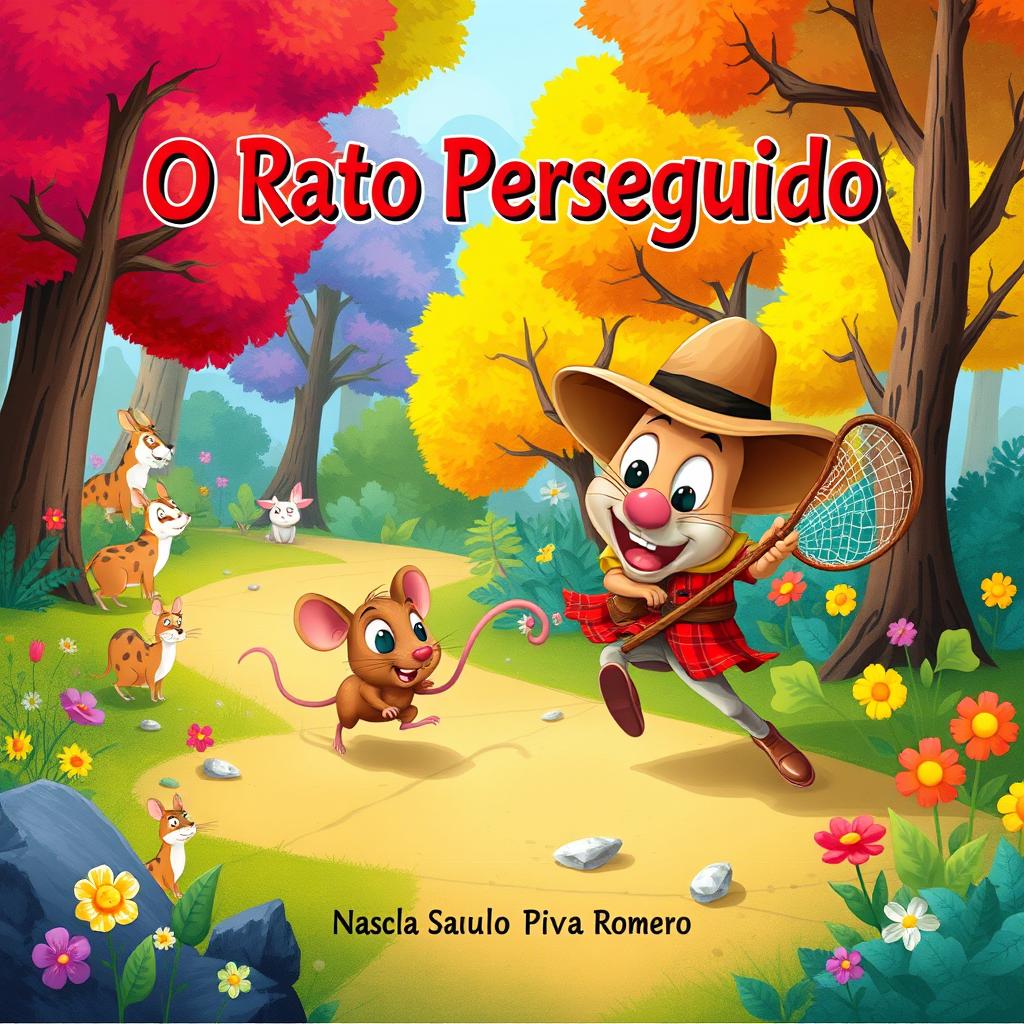 A captivating and colorful illustration for a children's book titled "O Rato Perseguido" by Saulo Piva Romero