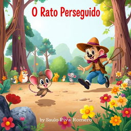 A captivating and colorful illustration for a children's book titled "O Rato Perseguido" by Saulo Piva Romero