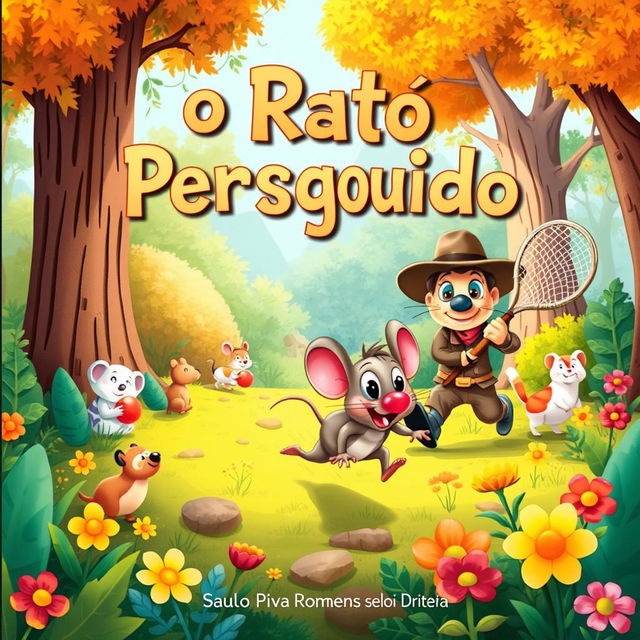 A captivating and colorful illustration for a children's book titled "O Rato Perseguido" by Saulo Piva Romero