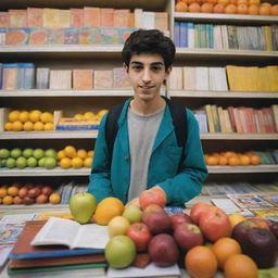 An Iranian teenager, turning away from seeing his friend consume and smoke addicting substances, walks towards his colorful fruits and books. He is happy.