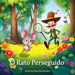 A colorful illustration for a children's book titled 'O Rato Perseguido' by Saulo Piva Romero