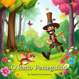 A colorful illustration for a children's book titled 'O Rato Perseguido' by Saulo Piva Romero