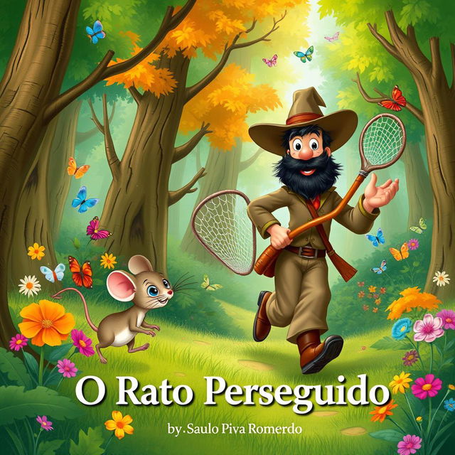 A colorful illustration for a children's book titled 'O Rato Perseguido' by Saulo Piva Romero