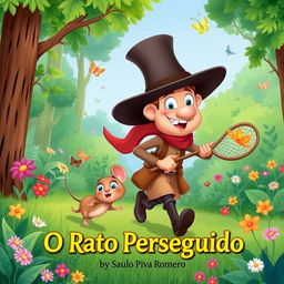 A colorful illustration for a children's book titled 'O Rato Perseguido' by Saulo Piva Romero