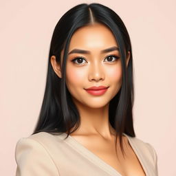 A beautiful adult woman from Indonesia with an elegant and professional appearance, characterized by a strong jawline that conveys confidence