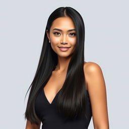 A beautiful adult woman from Indonesia with an elegant and professional appearance, characterized by a strong jawline that conveys confidence
