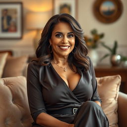 A beautiful and confident mature woman, showcasing her allure and femininity, wearing a stylish and elegant outfit that accentuates her curves