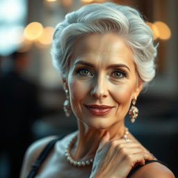 A mature woman elegantly posing in an artistic setting