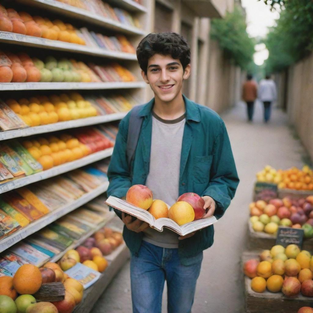 An Iranian teenager, turning away from seeing his friend consume and smoke addicting substances, walks towards his colorful fruits and books. He is happy.