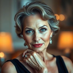 A mature woman elegantly posing in an artistic setting