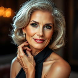 A mature woman elegantly posing in an artistic setting