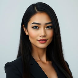 A beautiful adult woman with an elegant and professional appearance, characterized by a strong jawline that conveys confidence